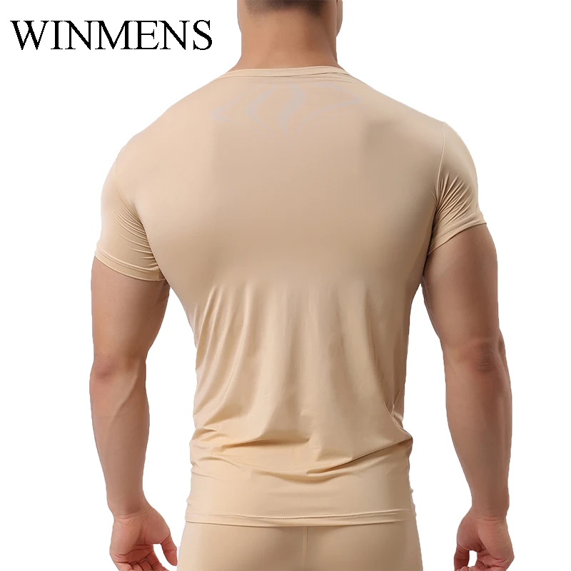 Men's Undershirt Solid Thin Translucent T-Shirt Short Sleeve V-neck Male Shirt Fitness Bodybuilding Tops For Sports Gym
