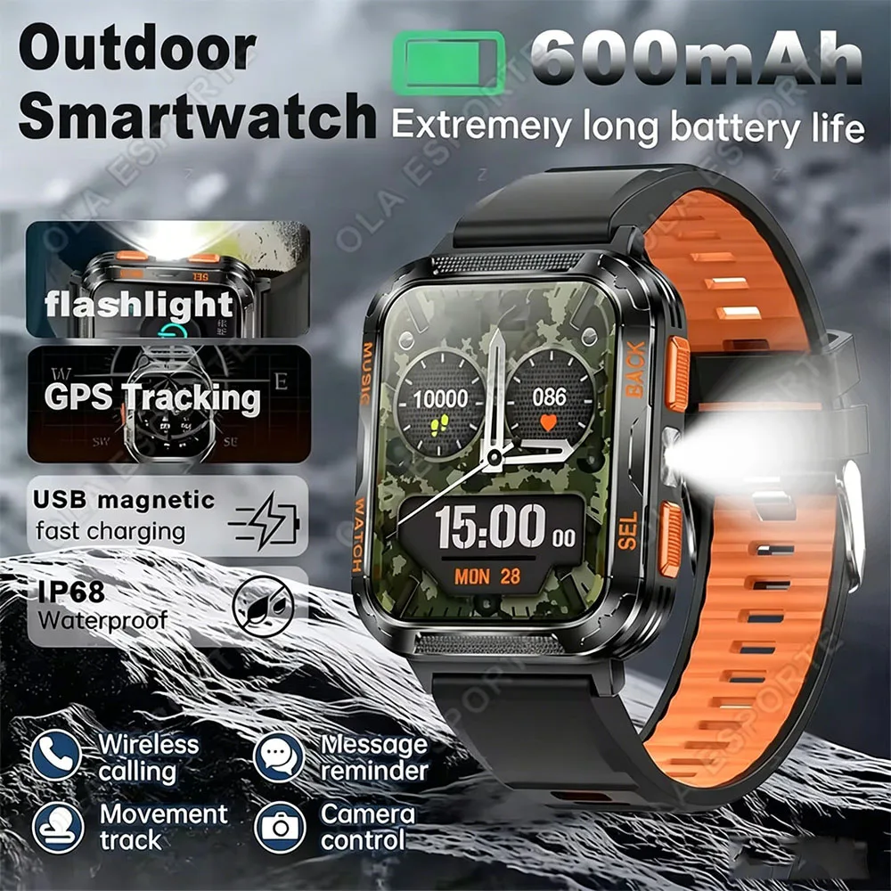 2026 New Military-grade Smart Watch Men GPS Flashlight 3ATM Waterproof Watch Bluetooth Call 100+Sport Outdoor Smartwatch Pk HW12 1