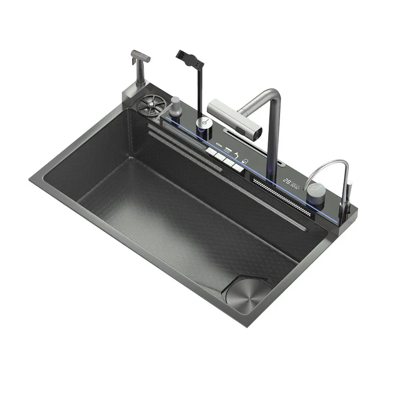 Kitchen Sink 304 Stainless Steel Waterfall Large Single Slot Digital Display Embossed Washing Basin Household Dishwashing
