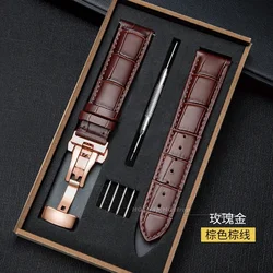 Premium Leather Watchband with Metal Butterfly Clasp - Unisex Strap with Gift Box - 22mm (Brown - rose gold)