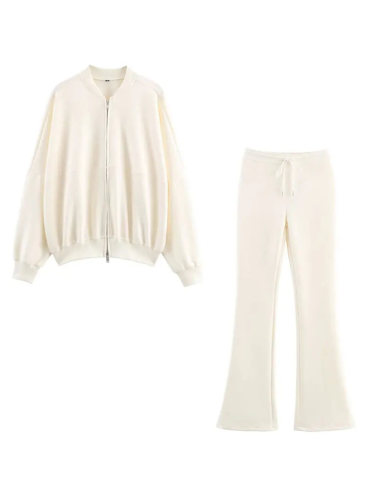 HH Autumn Women Coat Trousers Suits Casual Long Sleeve Zipper Jackets Slim Drawstring Flare Pant Woman Solid Jogging Pants Set