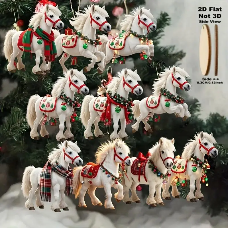 Set of 10/20/30Pcs Sophisticated White Horse Wooden Ornaments for Christmas Tree Decoration; Perfect Xmas Party Gifts.