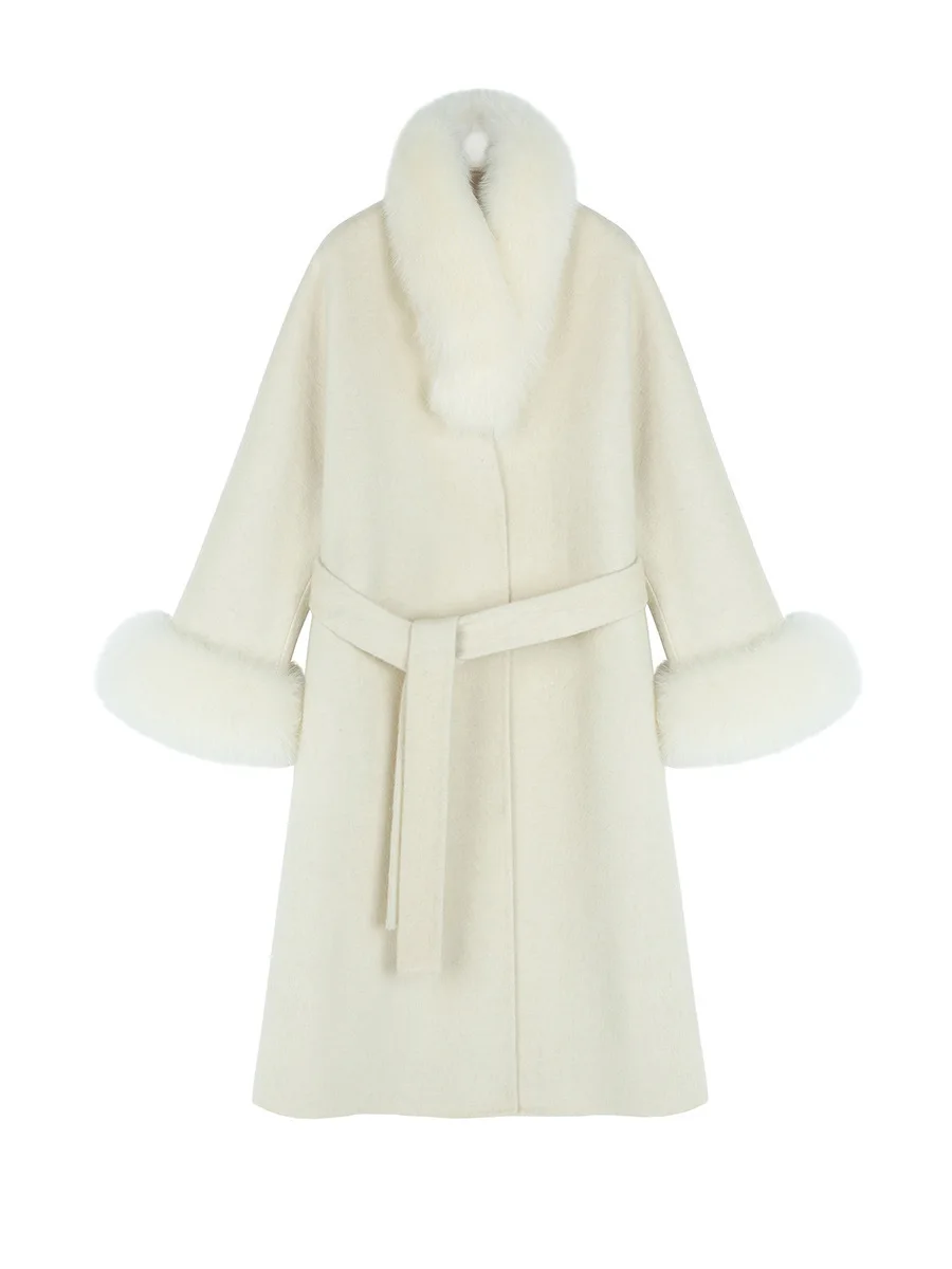 Women Fox Fur V Neck Long Coat Loose Poncho Trench Winter Thick Warm Cardigan Overcoat Woolen Streetwear Cloak With Belt