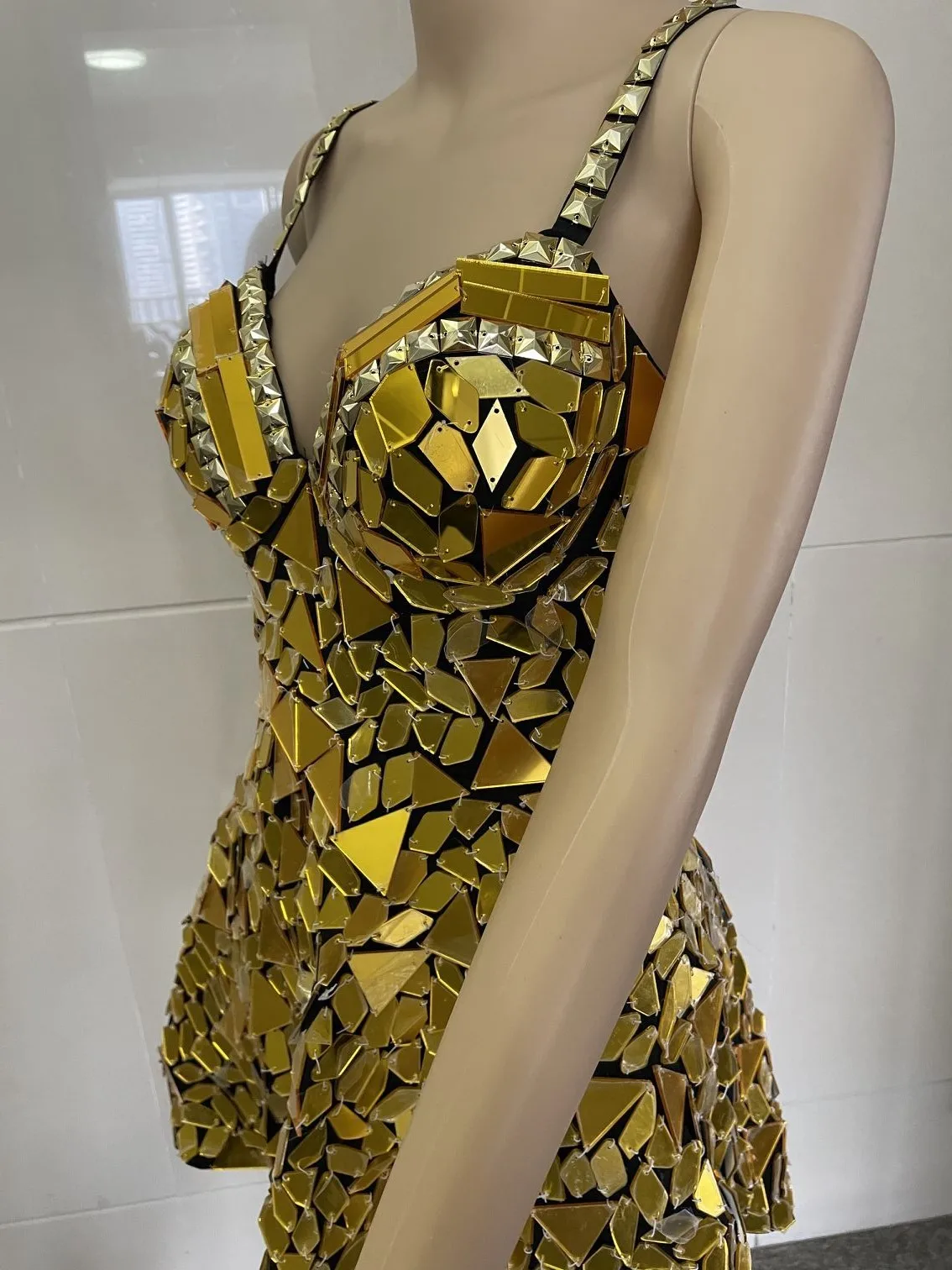 

Blue Gold Silver Mirror Dress Women Singer Performance Dance Costume Bar Nightclub Sexy Sequin Mini party Dress