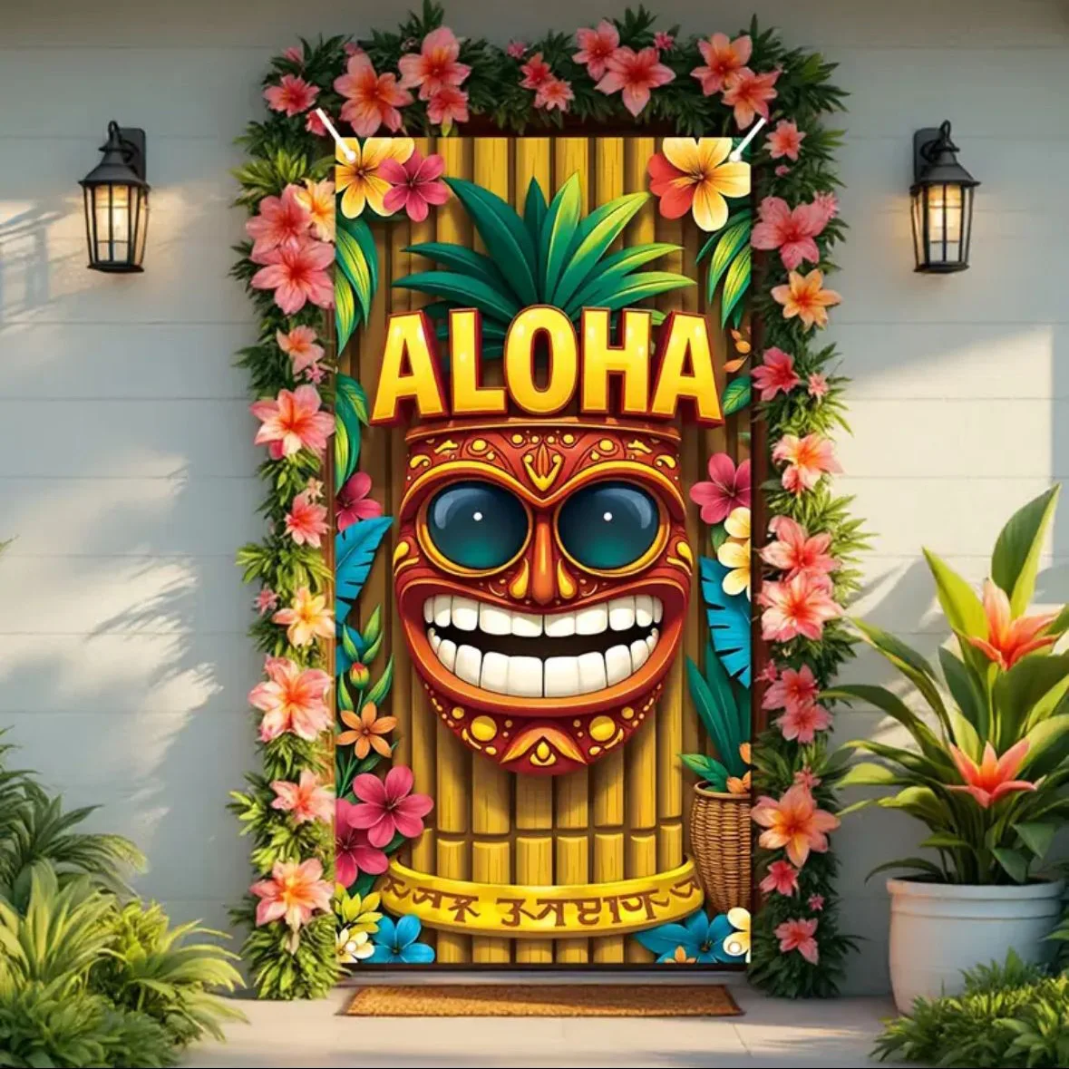 Tropische hawaiianische Aloha-Türabdeckung, Dekoration, Blumenmuster, Tiki, Sommer-Party-Dekoration, Hintergrund, drinnen und draußen, Veranda, Banner, Versorgung, Geschenke