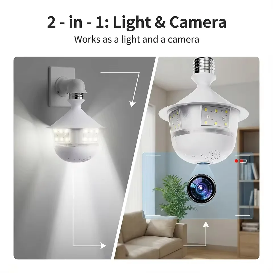 5MP Wifi 360 Panoramic Fisheye Indoor IP CCTV Bulb Security Camera Full Color Night Vision Two-Way Voice Wireless Auto Tracking 5