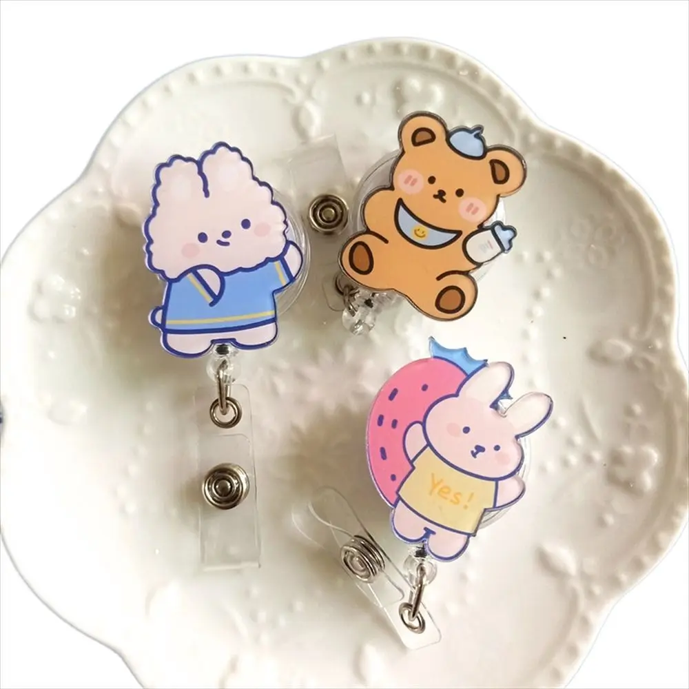 작업 카드 클립 개폐식 배지 릴, 곰 가슴 카드 간호사 배지, 거치대 만화 아크릴 쉬운 당김 버클 병원 사용 