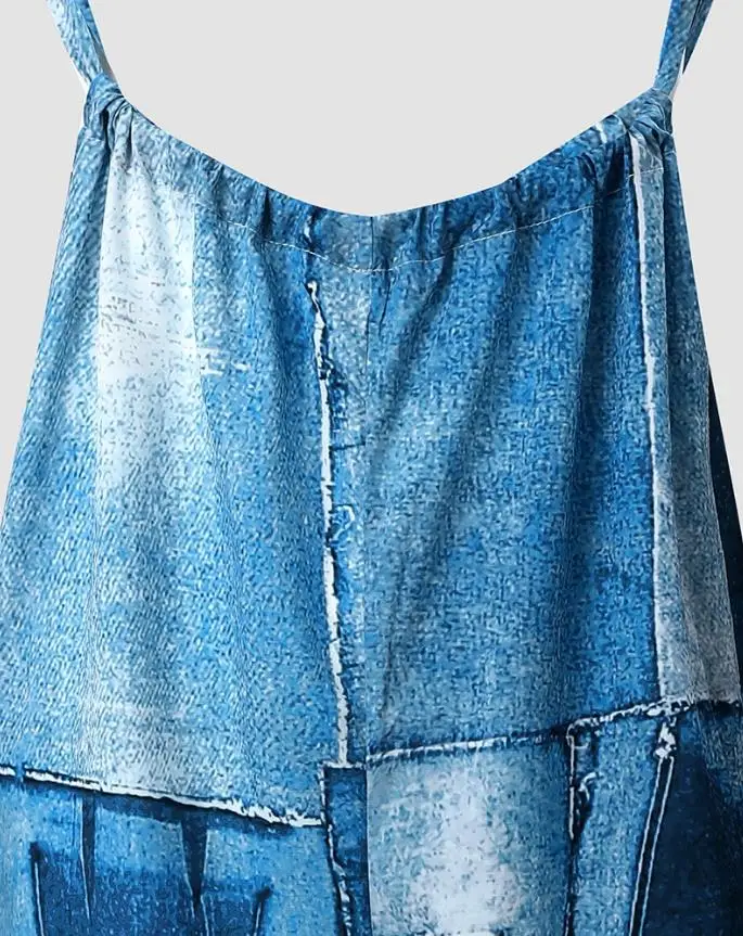 Women's New Spring and Summer Casual Wide Leg Pocket Denim Look Print Wide Leg Suspender Jumpsuit