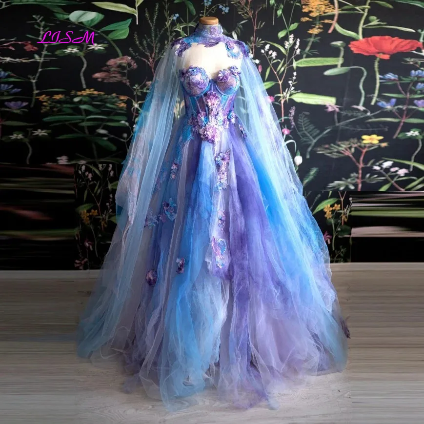 

LISM Colorful Fairy Tulle Prom Dress with Cape Floral Applique Sweetheart Layered Puffy Long Evening Party Gowns Robes De Soirée