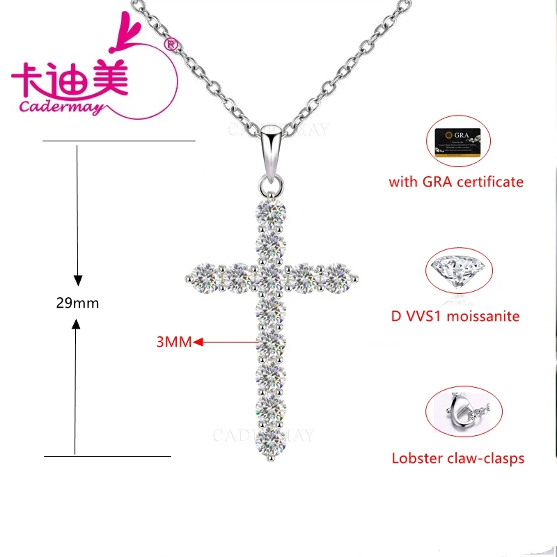 

CADERMAY White D VVS1 Moissanite S925 Sterling Silver Cross Pendant Necklace For Women Jewelry Wedding Anniversary Gifts