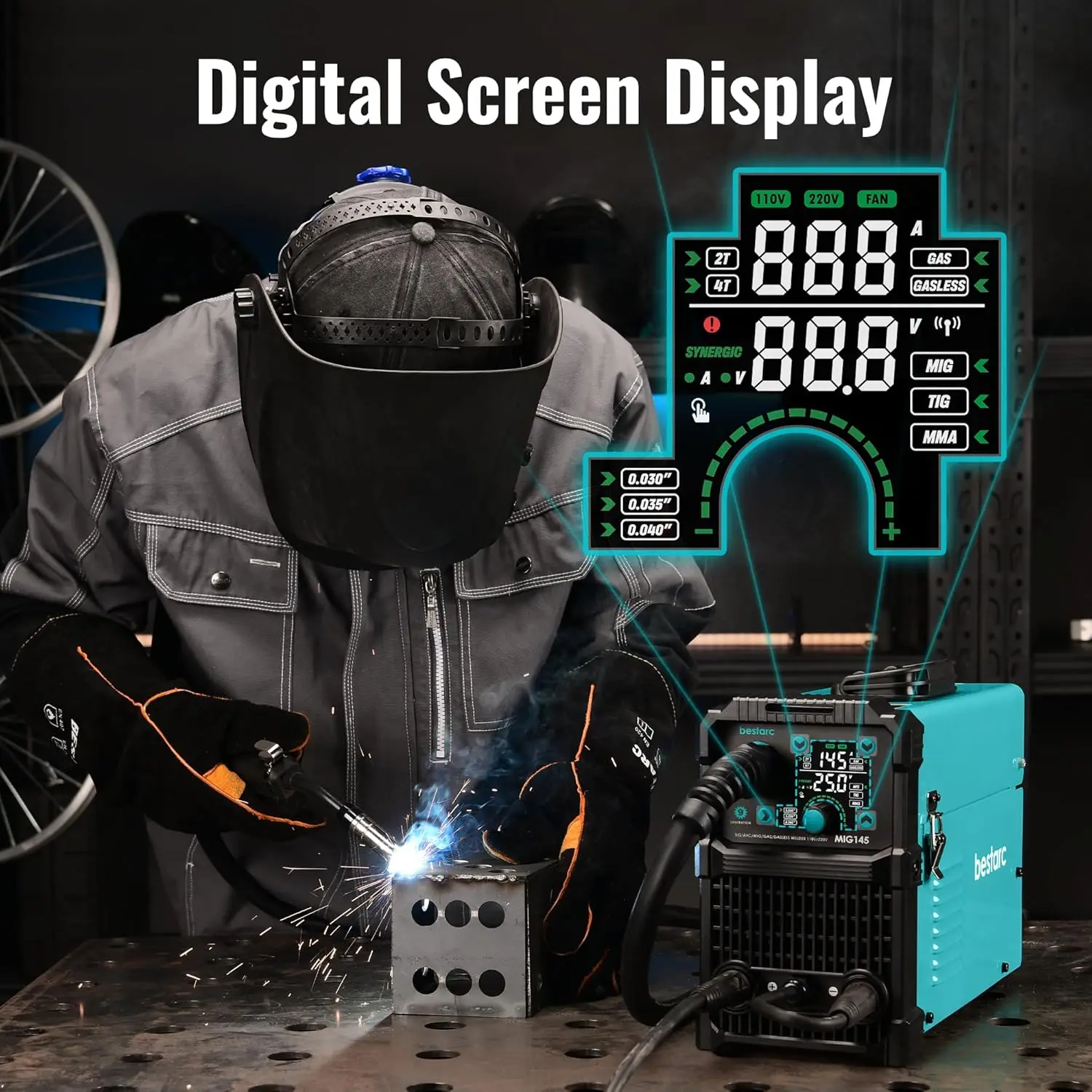 MIG Welder, 110V/220V Dual Voltage Gas/Gasless Flux Core MIG Welder/Lift TIG/Stick 3 in 1 Synergic MIG145 9GEN Welding Mach 3