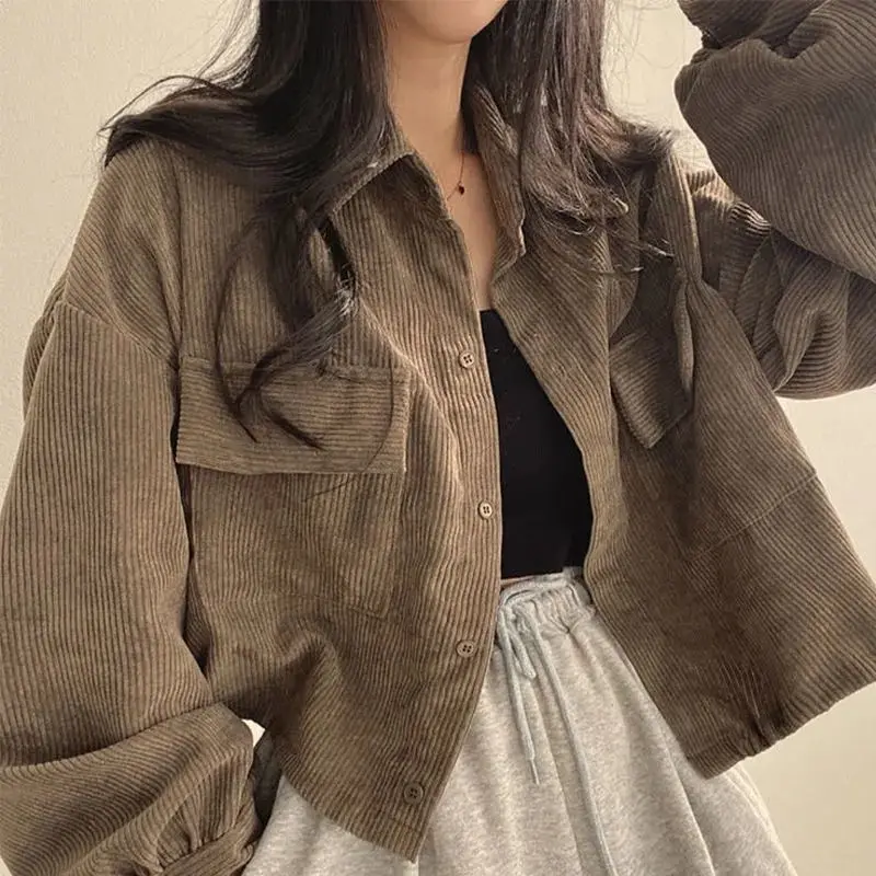 

Deeptown Corduroy Cropped Jackets Women Oversized Harajuku Vintage Streetwear Cool Chic Black Coat Korean Fashion Female Loose