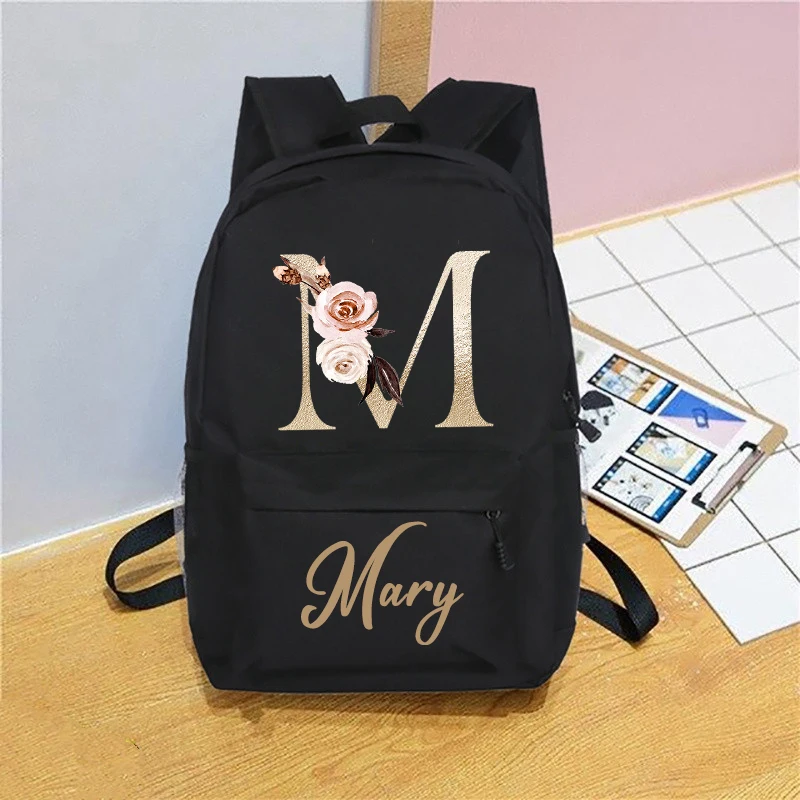 Rose Gold Black Bookbag With Roses Personalised Name Initial