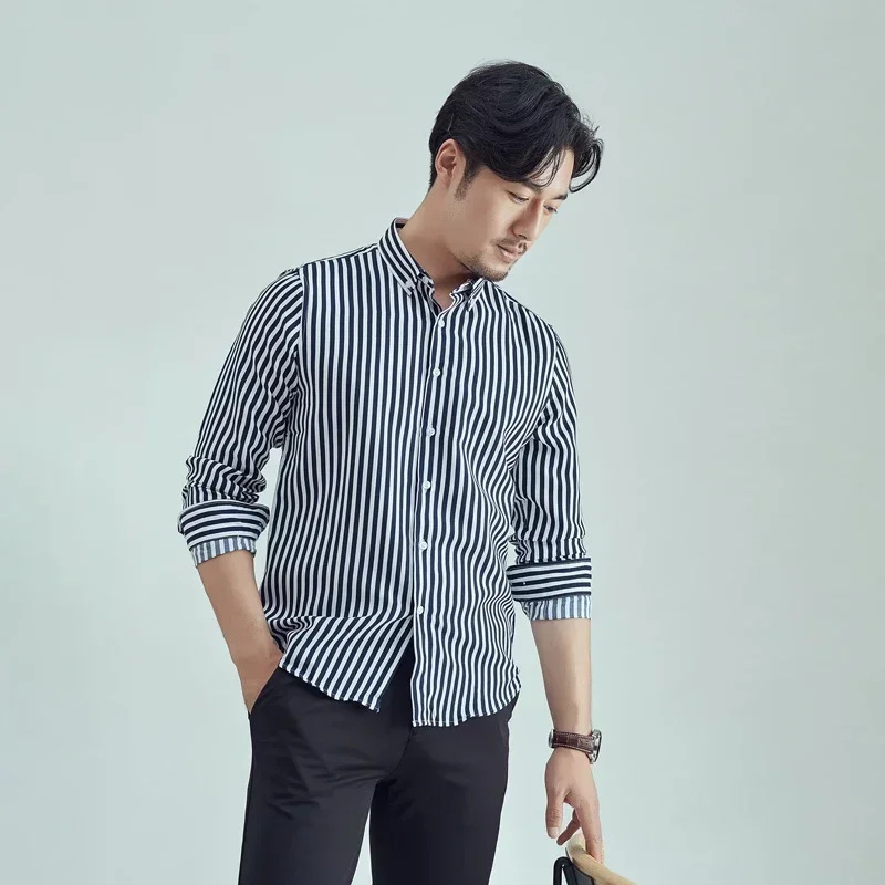 남성용 캐주얼 코튼 셔츠, 단추 부드럽고 얇은 비즈니스 긴팔 스트라이프 셔츠, 라펠 아우터 스트리트웨어, 새로운 트렌드