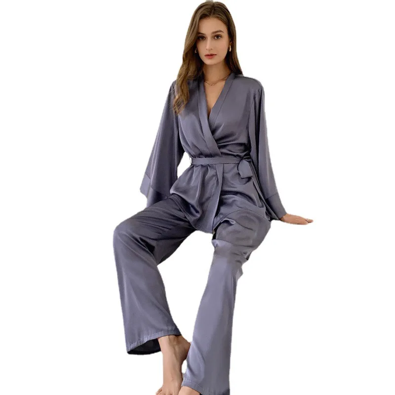 

Women 2PCS Sexy Cardigan Kimono Pajamas Sets Casual Bathrobe Robe With Belt Pyjamas Suit Sleepwear Polyester Nightwear Home Wear