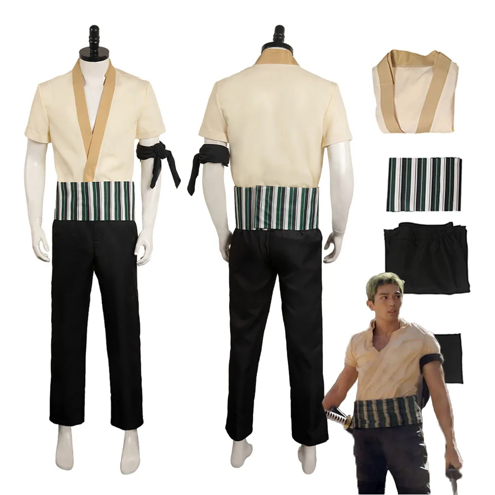 

Anime Piece Roronoa Zoro Cosplay Costume Adult Man Male Coat Pants Belt Scarf Roleplay Outfits Halloween Carnival Party Suit