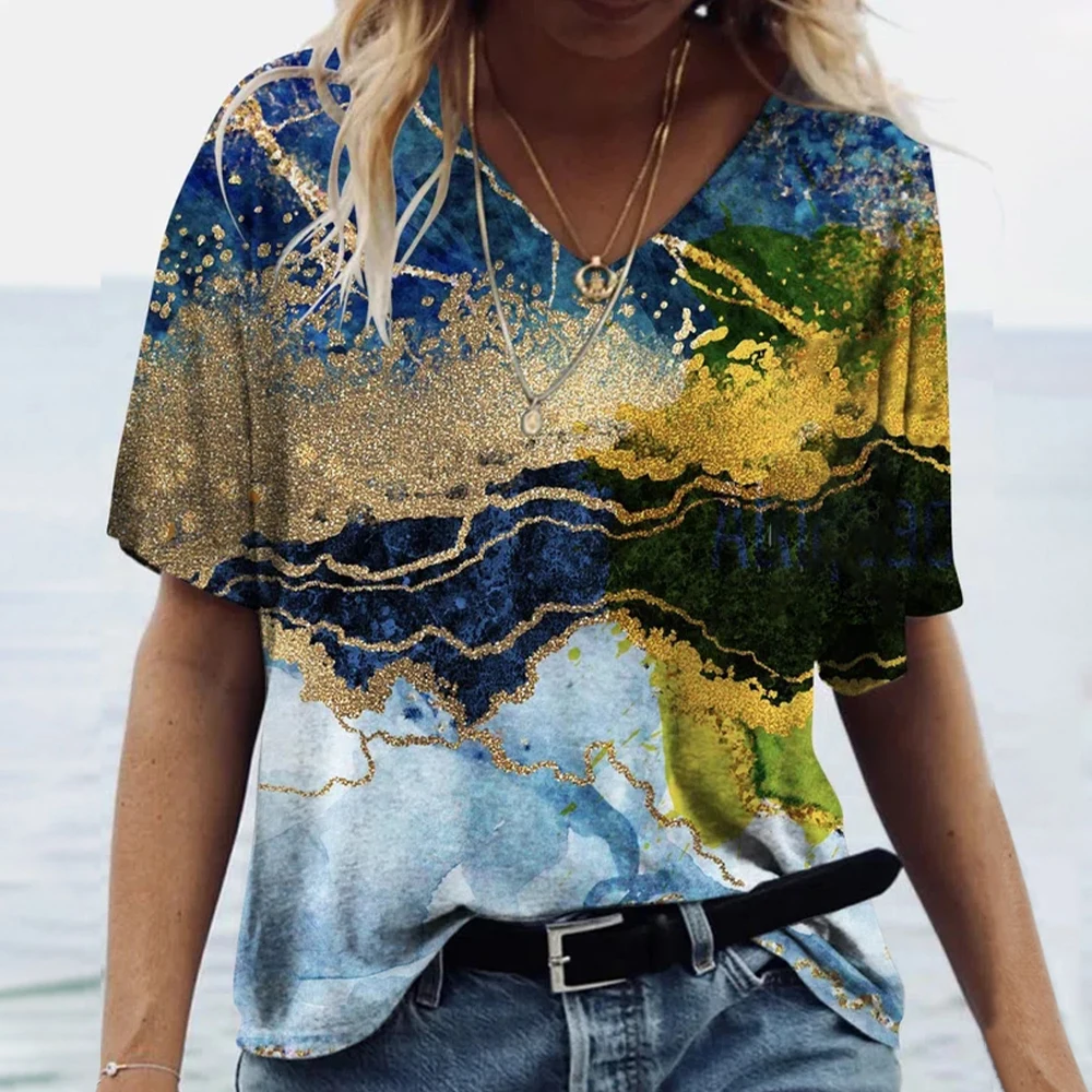 

Summer Women T-Shirts 3d Fashion Print Gradient Harajuku T Shirt Oversized Tees For Ladies Clothing New Short Sleeve V-Neck Tops