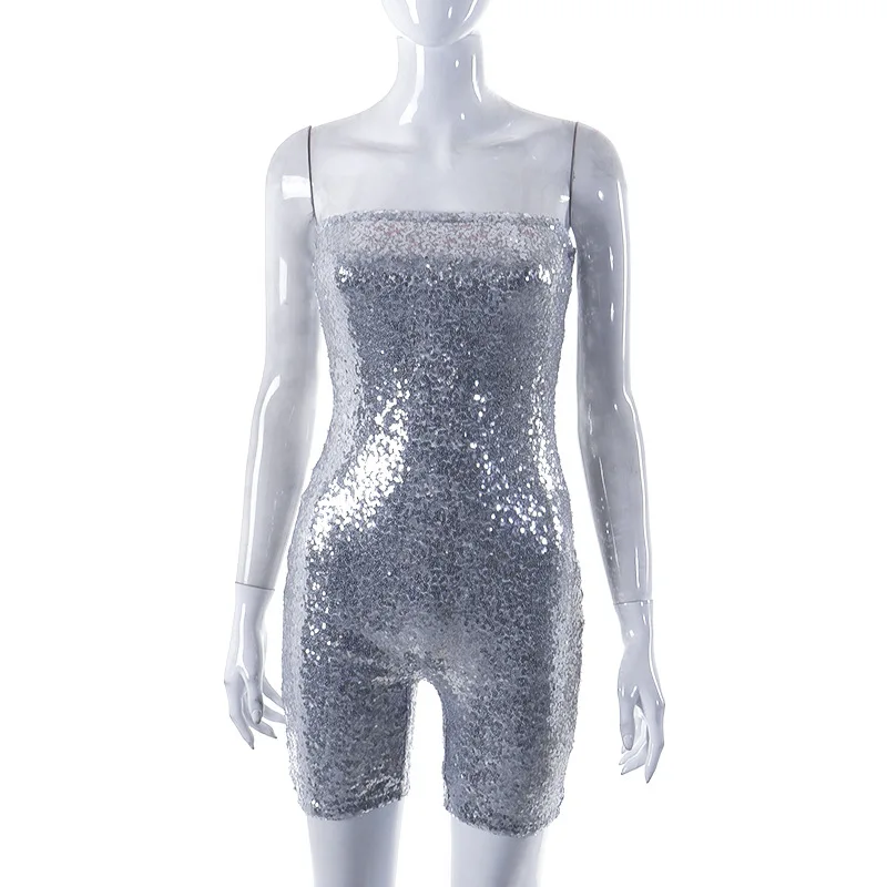 BKLD One Pieces Clothes For Women 2023 Spring And Summer New Solid Color Sequin Chest Wrapped Sleeveless Bodycon Shorts Playsuit