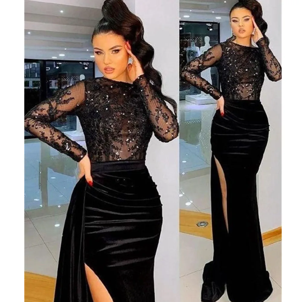 

Elegant Black Satin Evening Dress O-Neck Long Sleeves Mermaid Prom Gowns high side Vestidos De Ocasión Formales