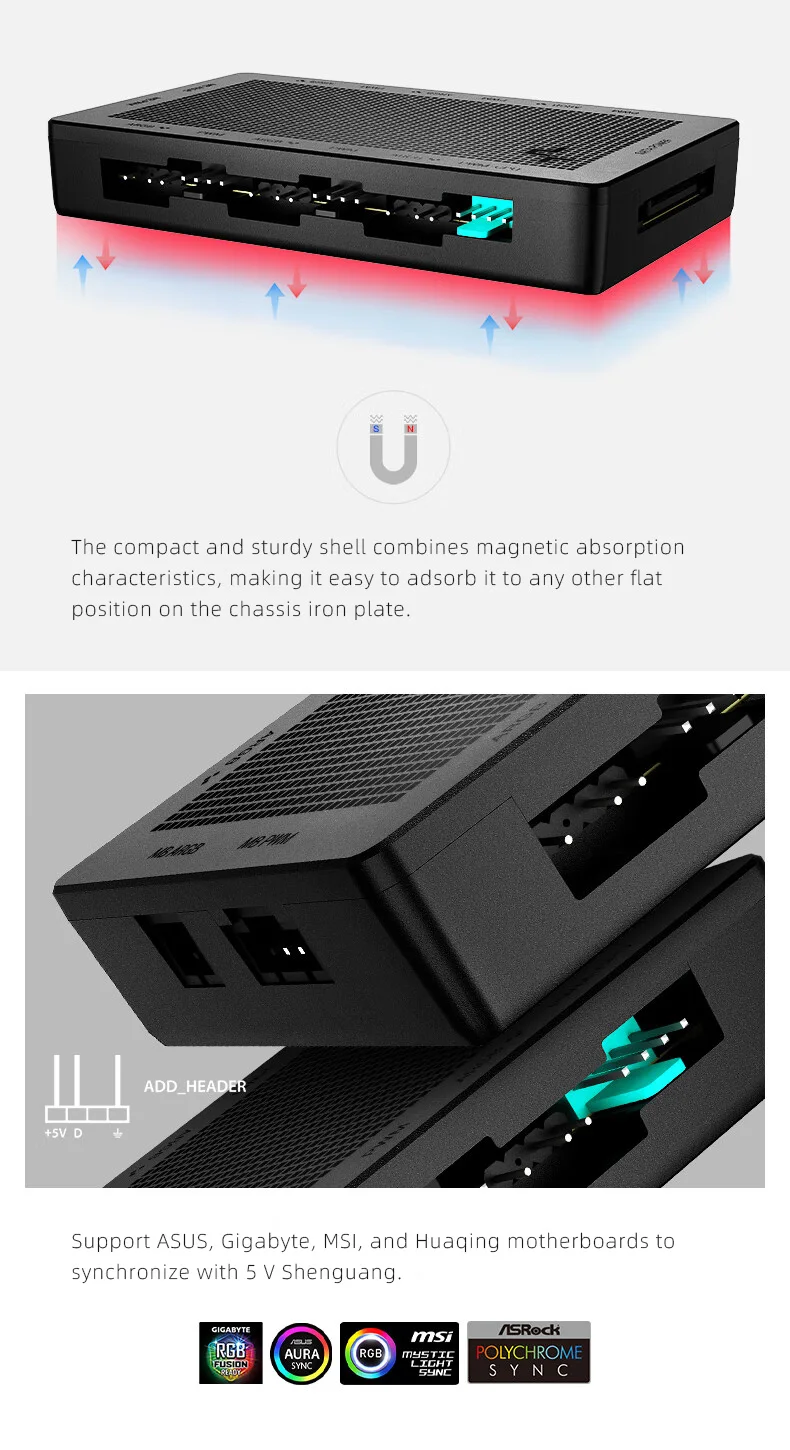 DeepCool Fan HUB PWM 5V 3pin ARGB Magnetic Attraction Fan HUB Splitter SATA Powe