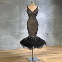 

Sevintage Luxury Sequined Crystal Feathers Beading Mermaid Evening Dresses V-Neck Dubai Women Long Prom Dress Formal Party Gown