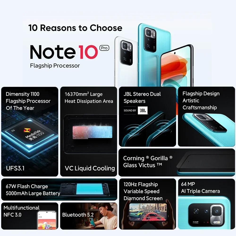 5G Smartphone Xiaomi Redmi Note 10 Pro Global ROM Dimensity 1100 Octa Core 120Hz 6.6" FHD+ Display 64MP 128GB/256GB 5000mAh NFC