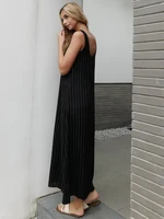 New Design 2025 Summer Women Linen Striped Sleeve Dress Split Tank Dress beach - Image 2