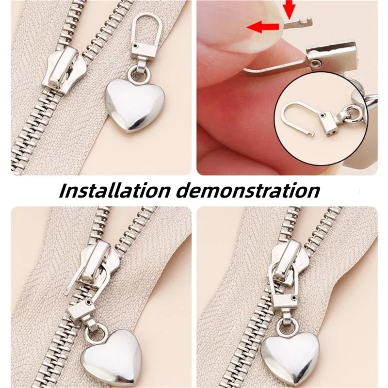 5PCS Sewing Zippers Puller Head Heart Shape Detachable Metal Zipper Slider Repair Kits For Bags Backpack Coat Zipper Pull Tab zipper repair kit,zipper pullers,zipper sliders,zipper heads