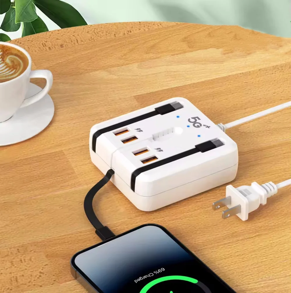 High-Speed 4-Port USB-C PD Charging Station with Integrated Power Strip and Cables
