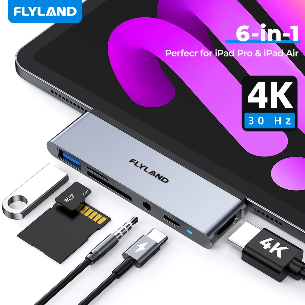 Flyland 6-in-1 USB Hub for iPad Pro 4K HDMI-compatible Type C Adapter Magnetic Holder 60W PD USB 3.0 Dongle usb hub adapter usb port adaptor usb hub converter