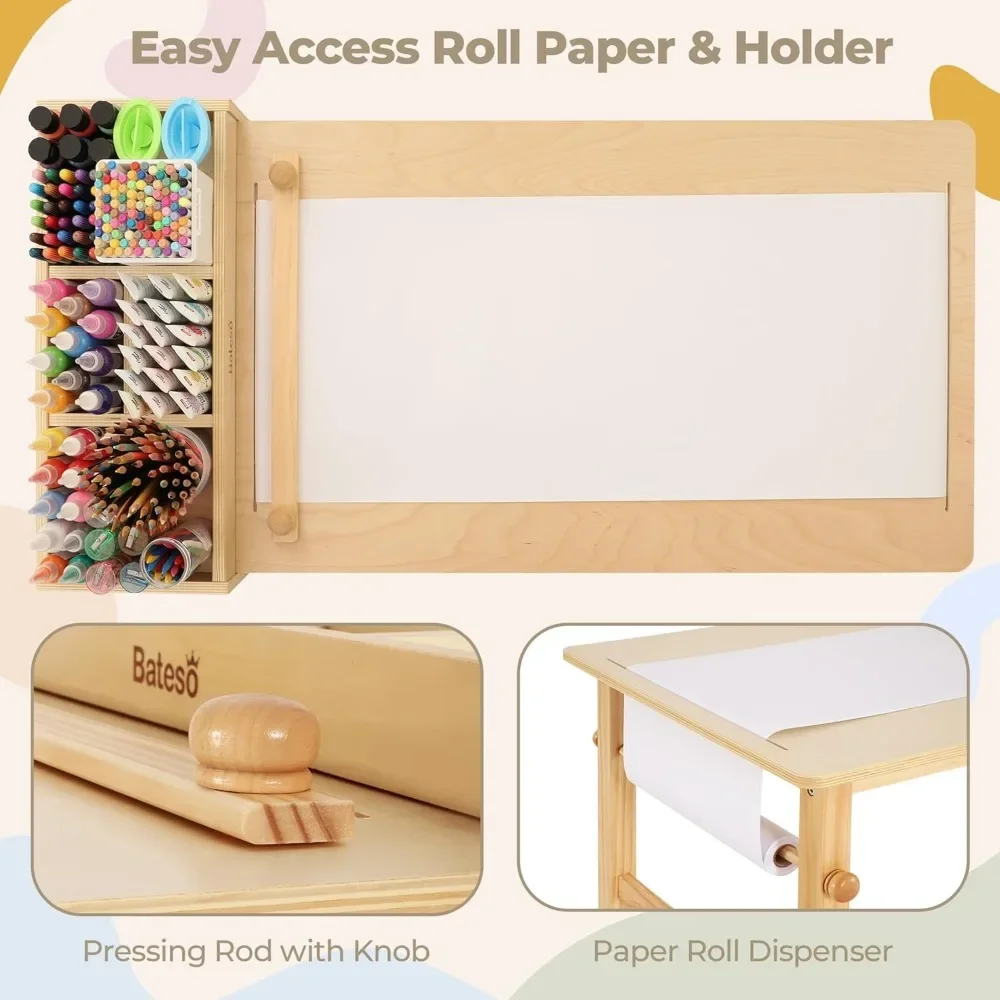 Kids Art Table & 2 Chairs Set with Roll Paper - Spacious Craft Table with Storage Shelves for Drawing, Activities, and Study 3