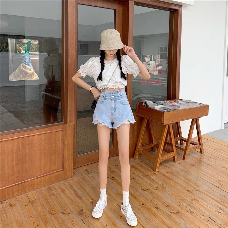 bape shorts Fashion Denim Shorts Female Summer High Waist A-line 2021 New Retro Hole Design Sense Tide Women's Shorts Wide-leg Pants cargo shorts