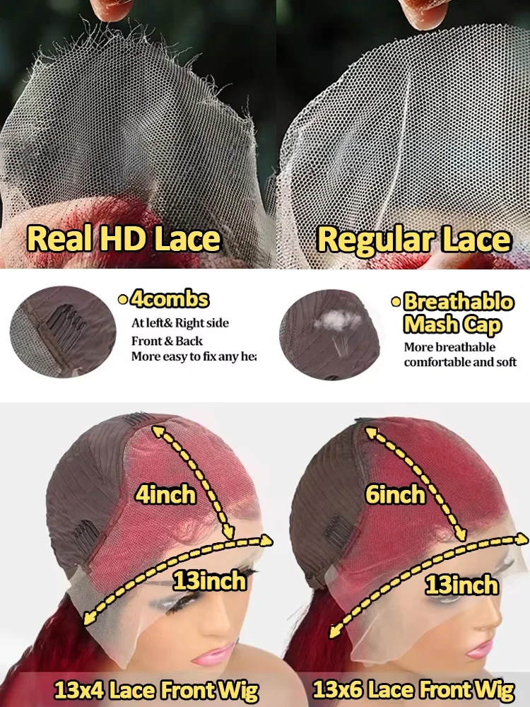 13x6 HD Transparent Body Wave 99J Burgundy Lace Frontal Human Hair Wig 30 40 Inch 13x4 Red Color Lace Front Wig For Women