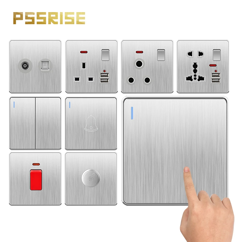 Pssrise C85 Reino Unido da ue ru Padrão Interruptor de Parede Tomada de Luz Prata Escovado Painel do Computador tv Tel Usb Soquete