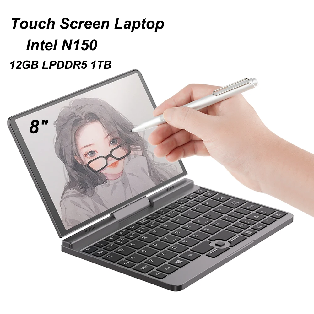 Touch Screen Laptop 8 Inch Mini Notebook Intel N150 Quad 12GB LPDDR5 1TB 4800MHz Windows11Pro AX WiFi6 BT5.2 RJ45 LAN