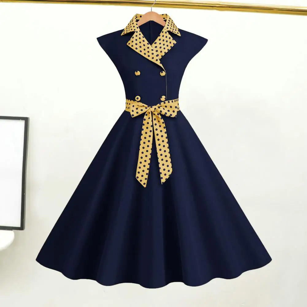 

Elegant Ladies Dress Dot Printed Lapel Collar Bow on Waist Sweet Style Casual Party Dress Sleeveless Tight Waist Slim Mid-length