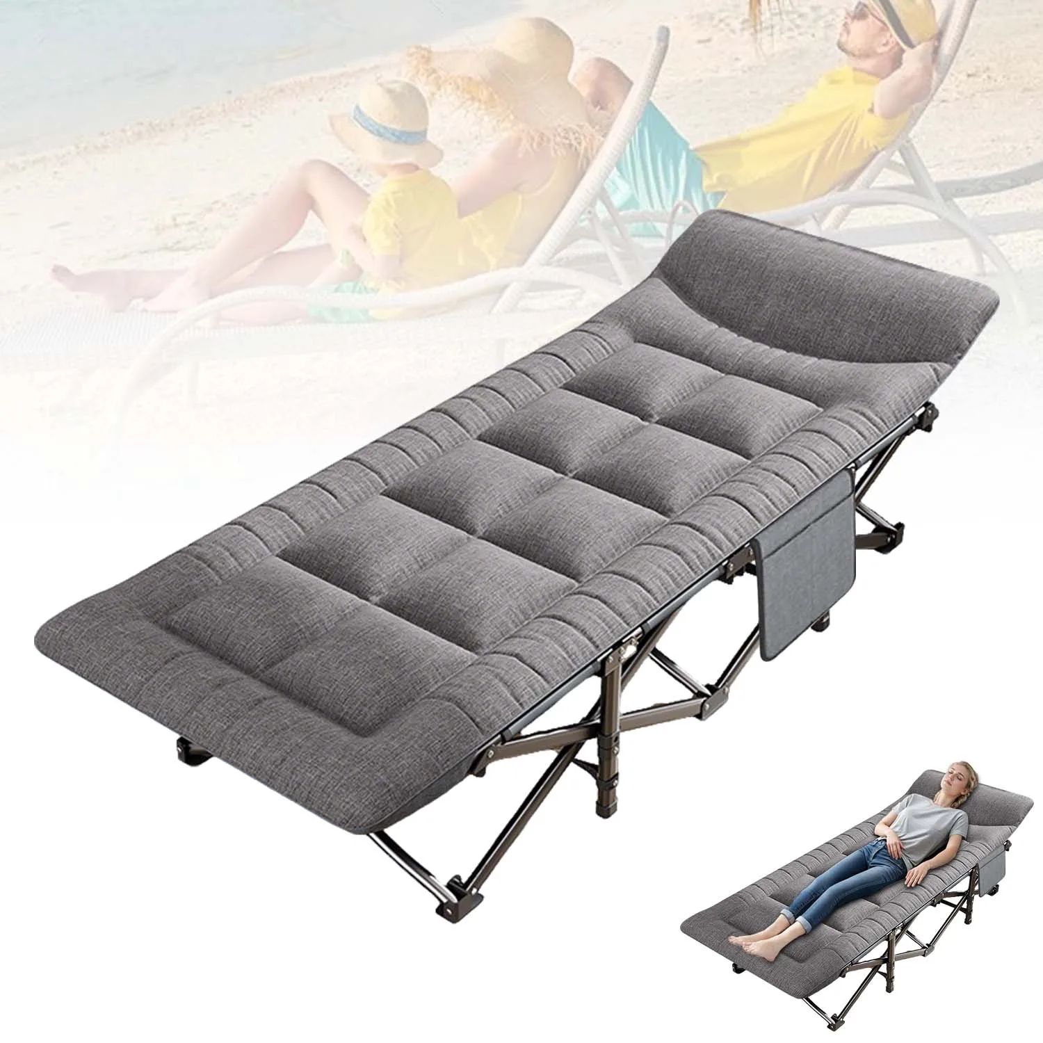 Tragbares Klappbares Einzelbett für Outdoor-Camping mit Kissen, Campingliege, Angelsitz, Liegestuhl, Hohe Tragfähigkeit – Detail 1