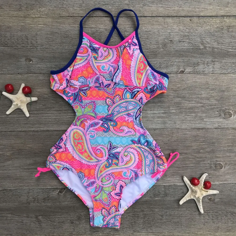 

2024 Print Bandage Girls Kids Swimwear Children Kids Teen Students One Piece Swimwear Swimsuit Cute Baby Bathing Suit Monokini