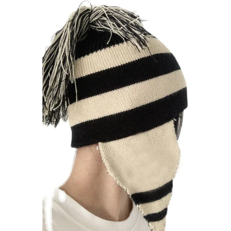 

New 2024 Saturn Hat 100% Real Wool Comic Knitted Handmade Ear Protector Tassels Hat for Women Girl