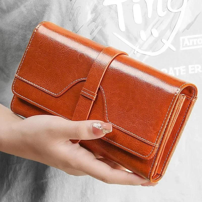 

High Quality Cowhide Women's Long Wallet RFID Anti-theft Brush Oil Wax Leather Clutch Bag Female Can Put Mobile Phone