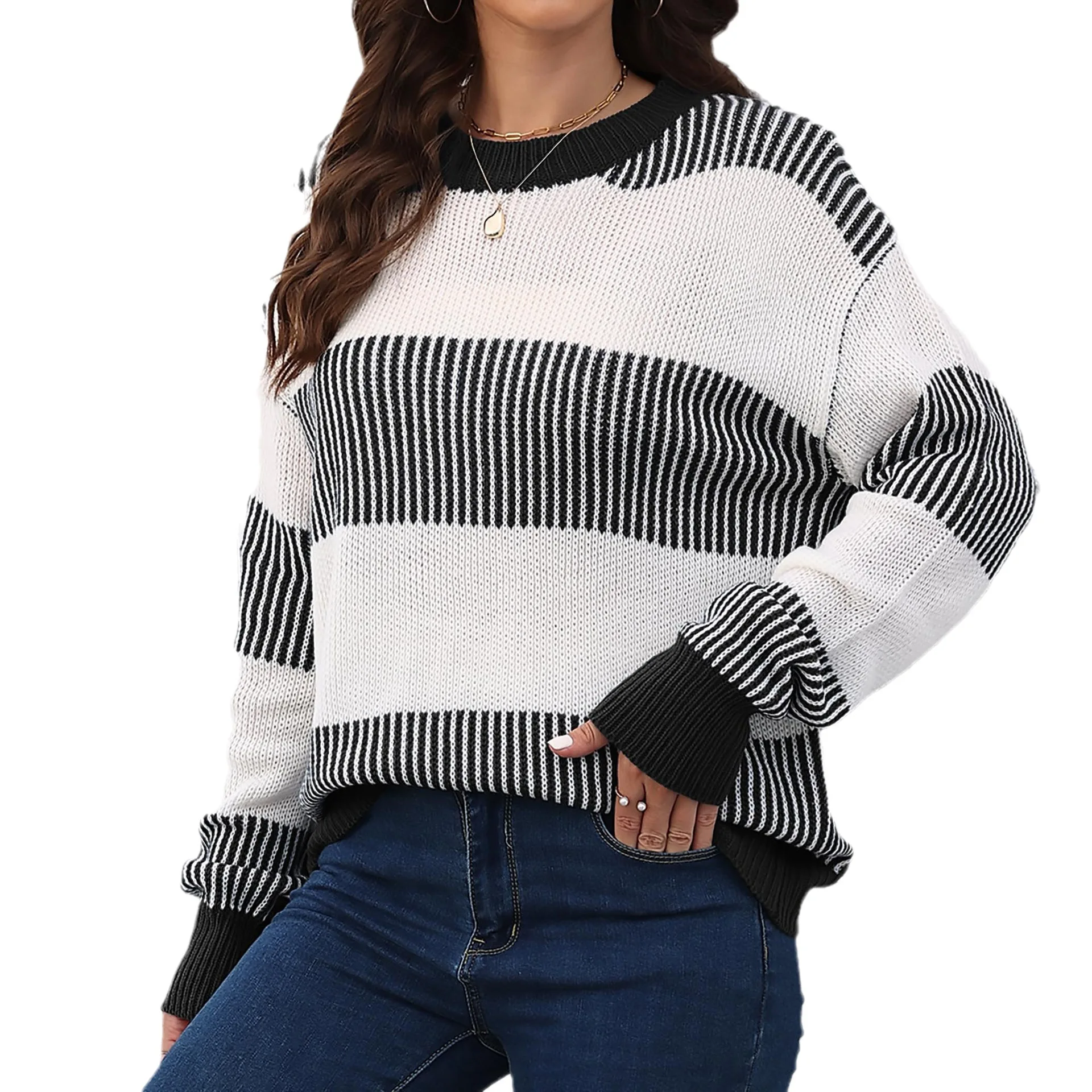 Women Autumn Winter Striped Knitted Sweater Pullover