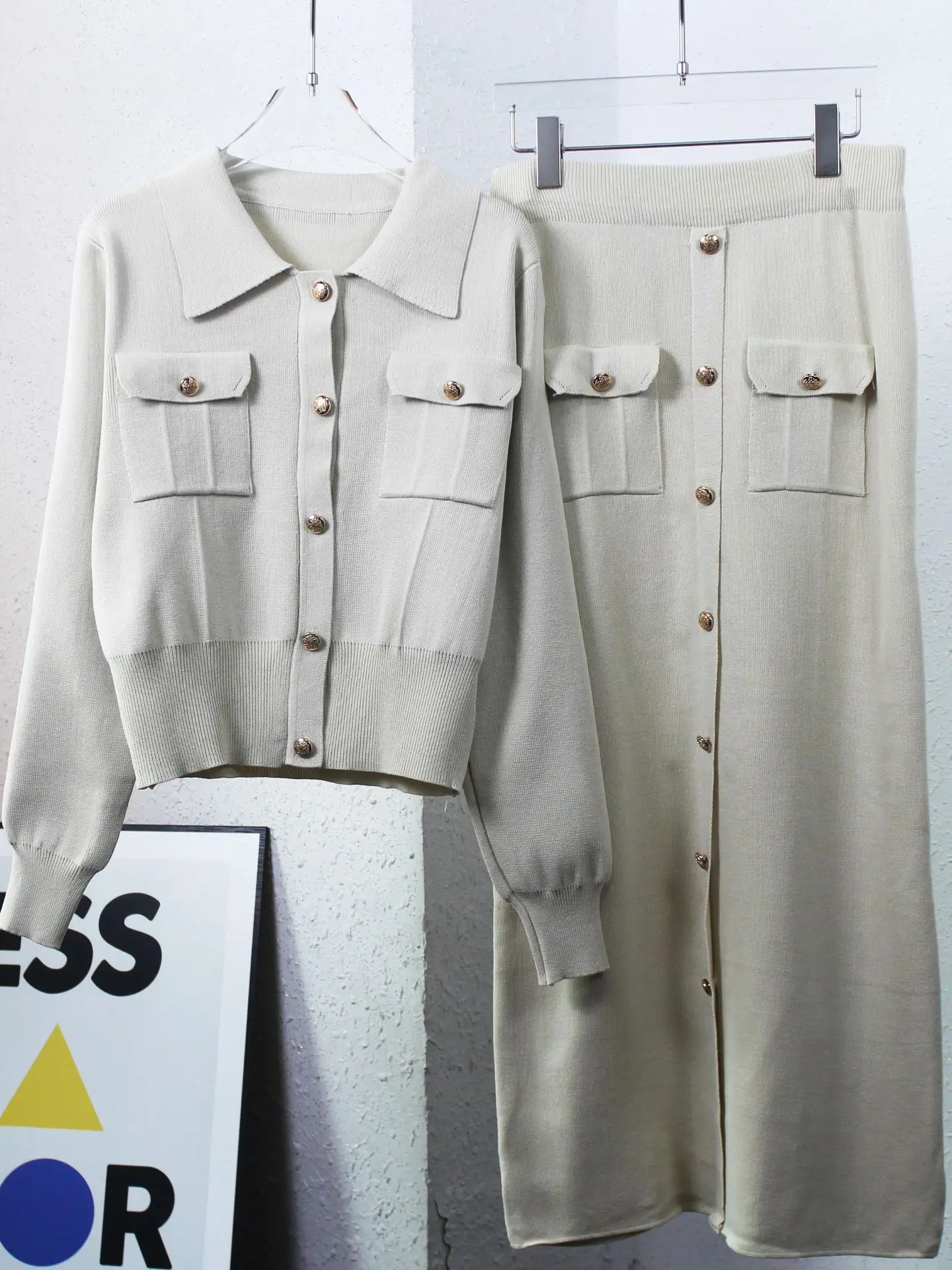 Conjunto de 2 piezas de punto con solapa y falda larga para mujer, moda de retazos, conjuntos ajustados de cintura alta, ropa de calle, conjuntos de falda larga de otoño para mujer