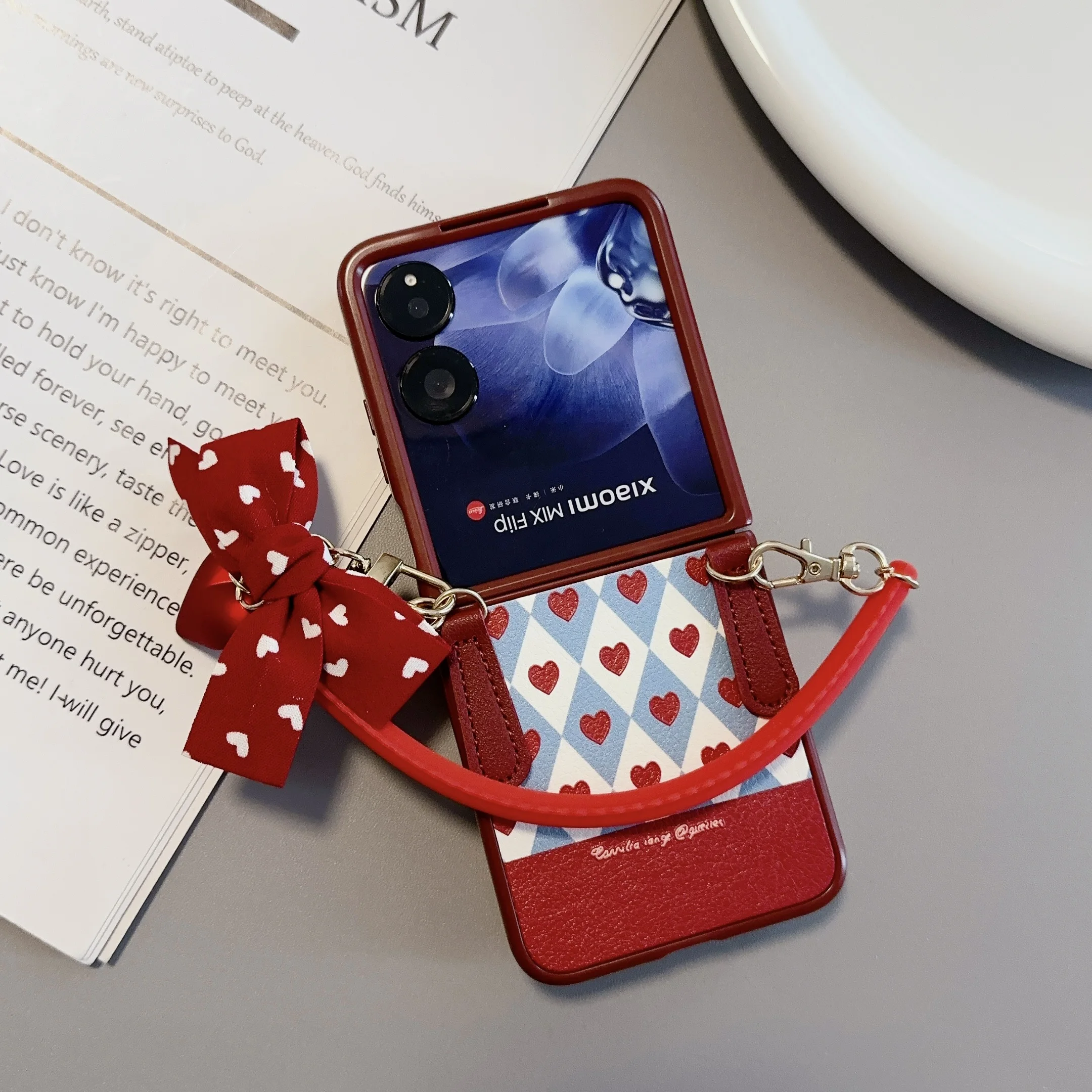 Love Artificial Leather Phone Case with Bracelet - Shockproof Folding Hard Cover Accessory