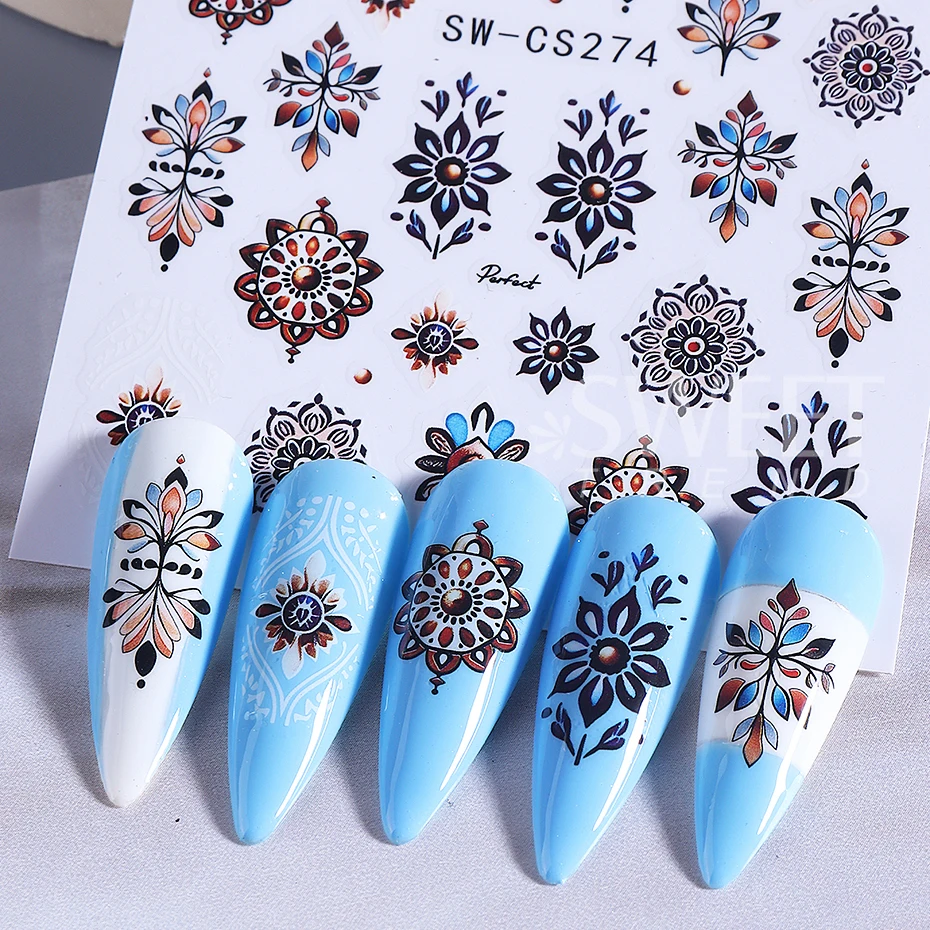 2pcs Bohemian Nail Stickers Black Brown Retro Embroidery Boho Style Flower Design Adhesive Nail Decals DIY Manicure Slider Decor