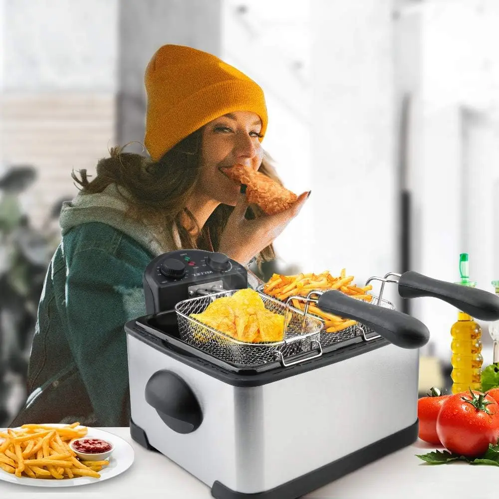 NEW 1700-Watt Stainless-Steel Triple Basket Electric Deep Fryer with Timer Free Extra Odor Filter, 4L/17-Cup,Silver