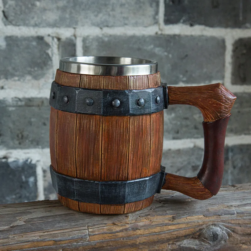 

Wooden Barrel Resin Beer Steins, Creative Handmade Imitation Wood, Stainless Steel Beer Jar, Large Capacity Bar Water