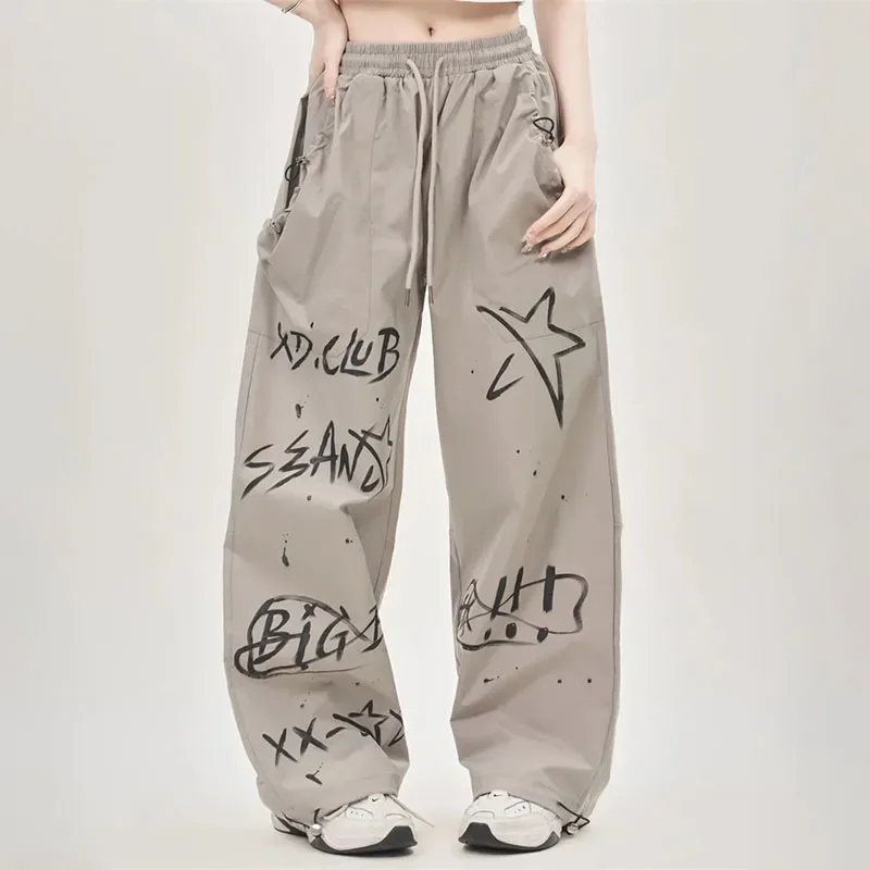 

American Street Overalls Women 2024 New Summer Thin Pants Hand-Painted Graffiti Wide-Leg Pants Fashion Elastic Waist Trousers