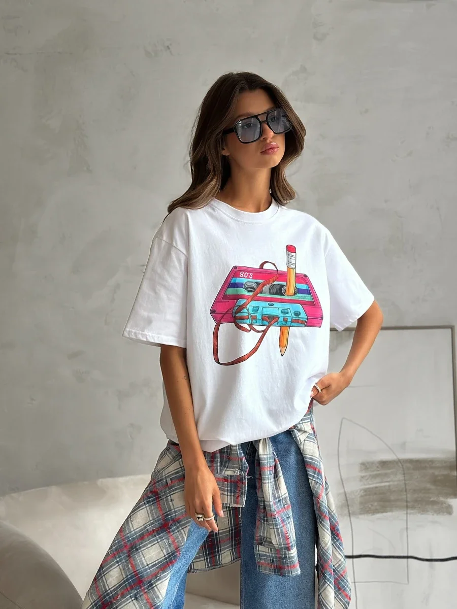 Bornladies Cotton Women's Fashionable Printed T-shirt Casual Vintage Short-sleeve Printing Fashion Hip Hop Loose Top 230g/m³