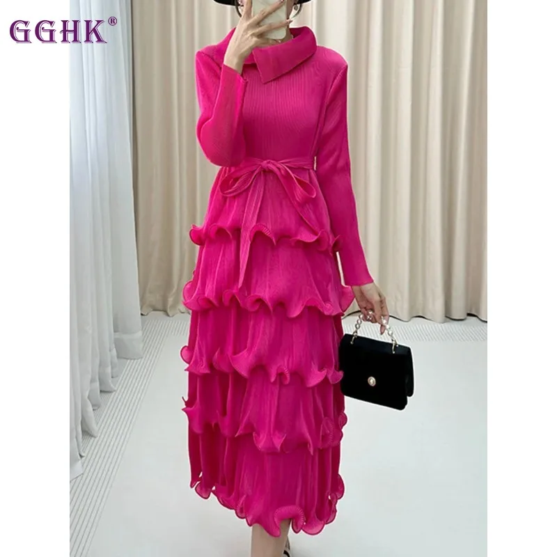 

GGHK Miyake Pleated Women Elegant Evening Dress 2024 Spring New Scarf Collar Splicing Retro Design Loose Size Party Dresses