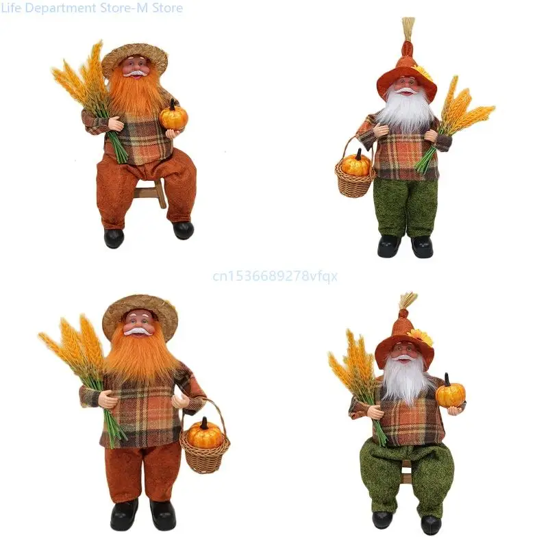 

Autumn Thanksgiving Harvest Straw Hat Farmer Figurine for Doll with Wheat Pumpki